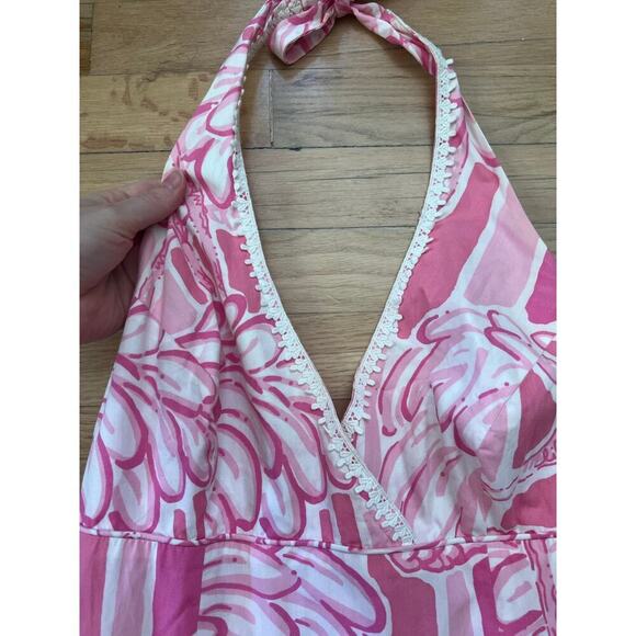 Lilly Pulitzer Women's 8 Midi Dress Pink Flamingo Print Halter Neck White Lace - Picture 7 of 15